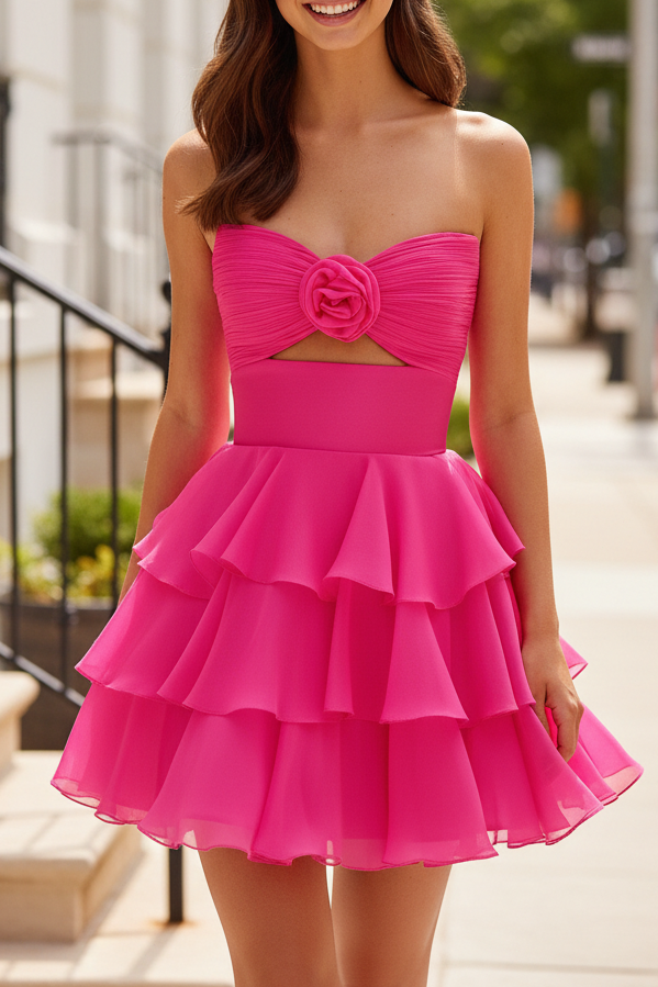 Strapless Tiered Ruffle Mini Dress with 3D Flower