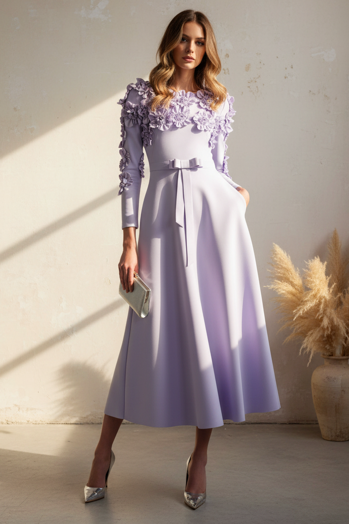 lilac long sleeve midi dress ASOS DESIGN tie back fluted sleeve pleated chevron chiffon midi dress in lilac