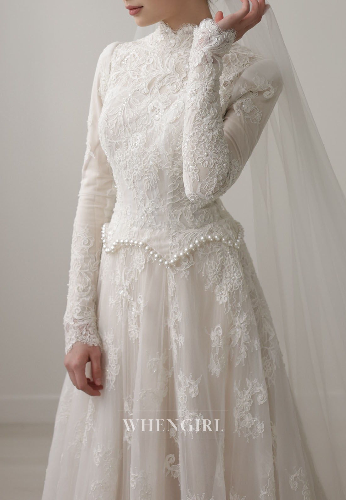 High Neck Lace Wedding Dress with Long Sleeves