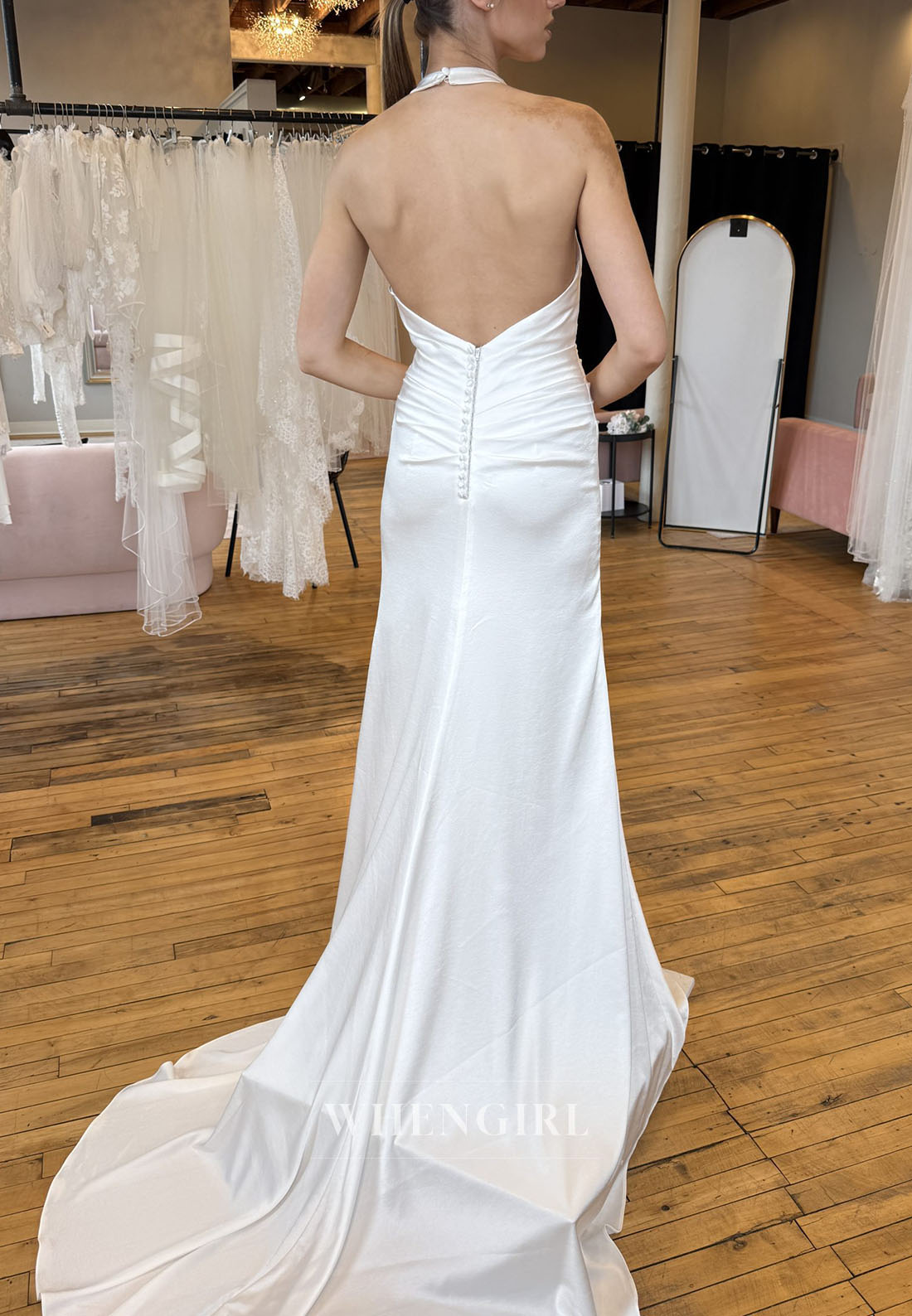 Halter Cowl Neck Ruched Wedding Dress