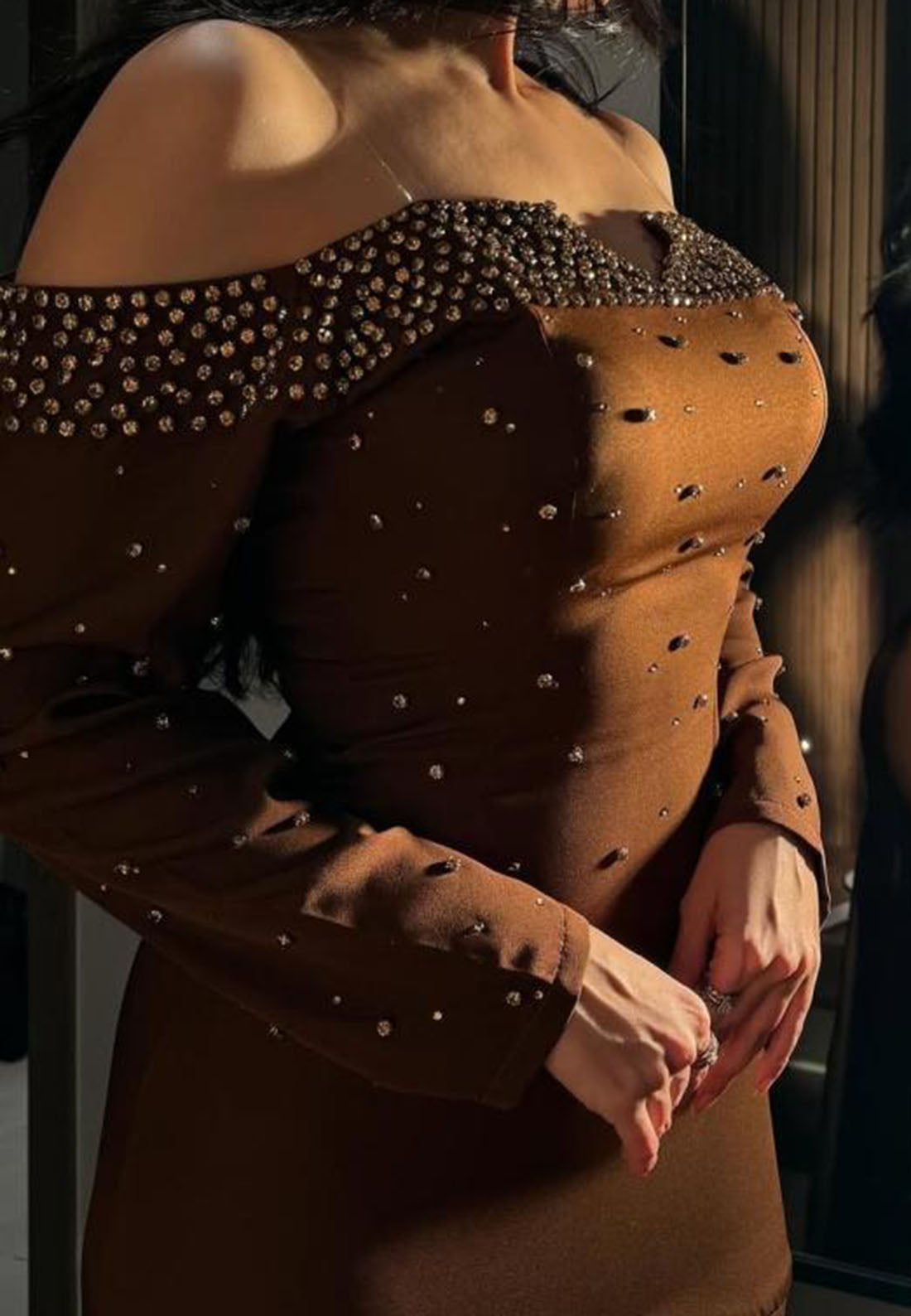 Off-the-Shoulder Beaded Mermaid Gown with Long Sleeves