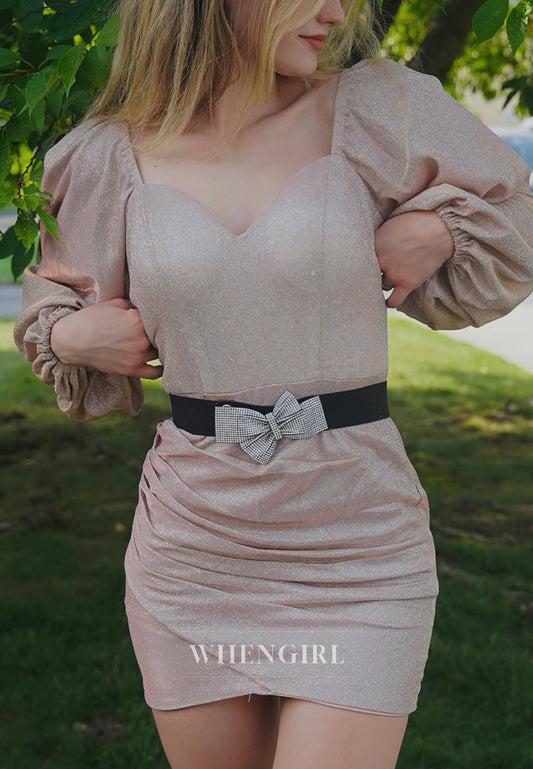 Sand Sheath V Neck Long Sleeves Belt Bowknot Pleated Short Homecoming Dress