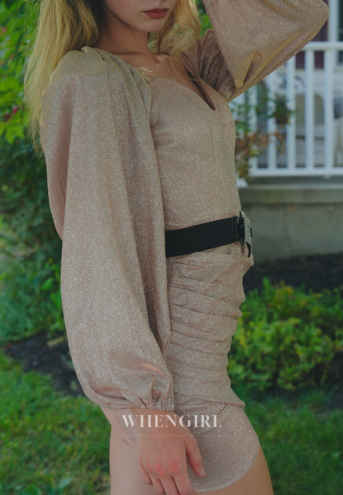 Sand Sheath V Neck Long Sleeves Belt Bowknot Pleated Short Homecoming Dress