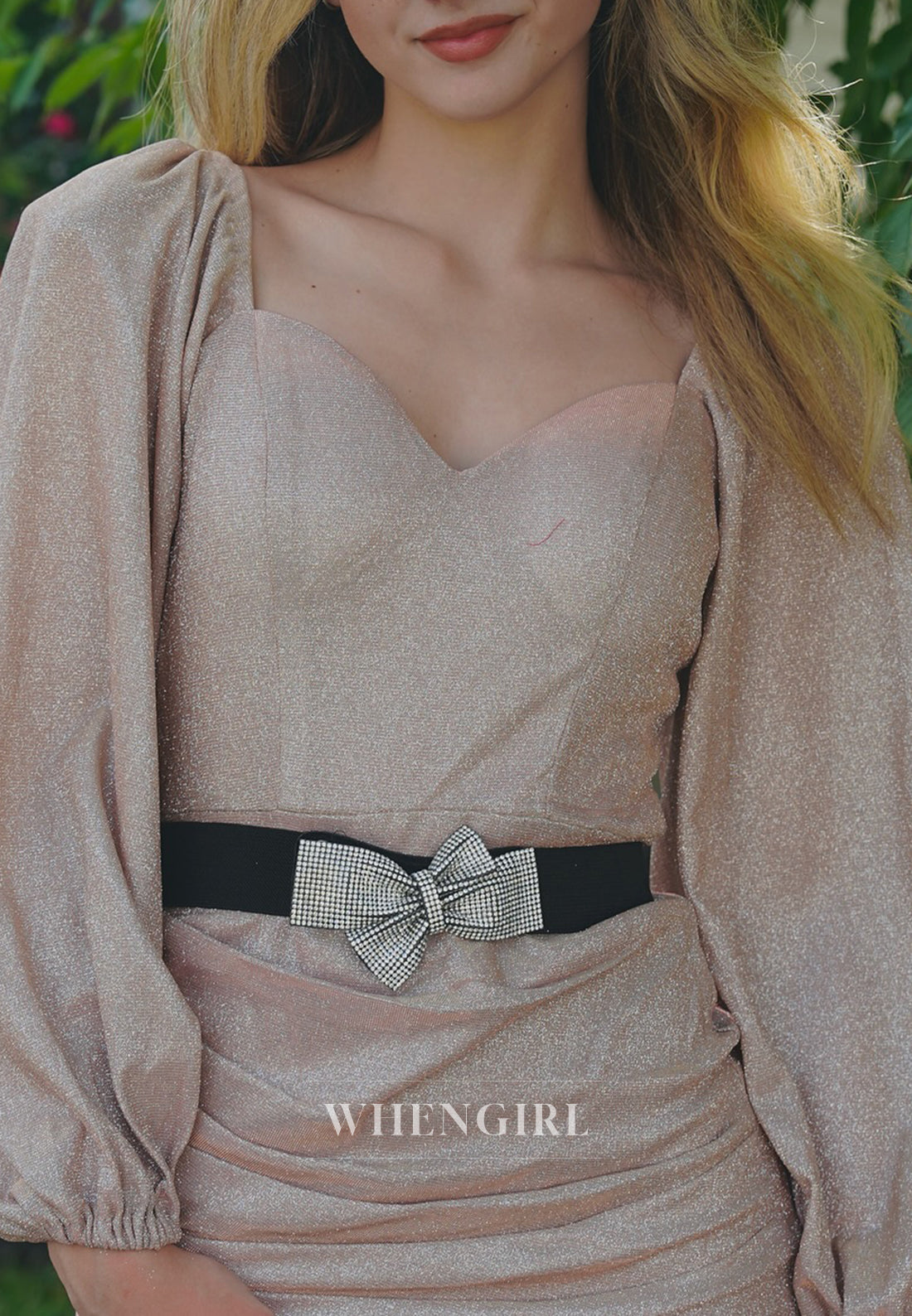 Sand Sheath V Neck Long Sleeves Belt Bowknot Pleated Short Homecoming Dress