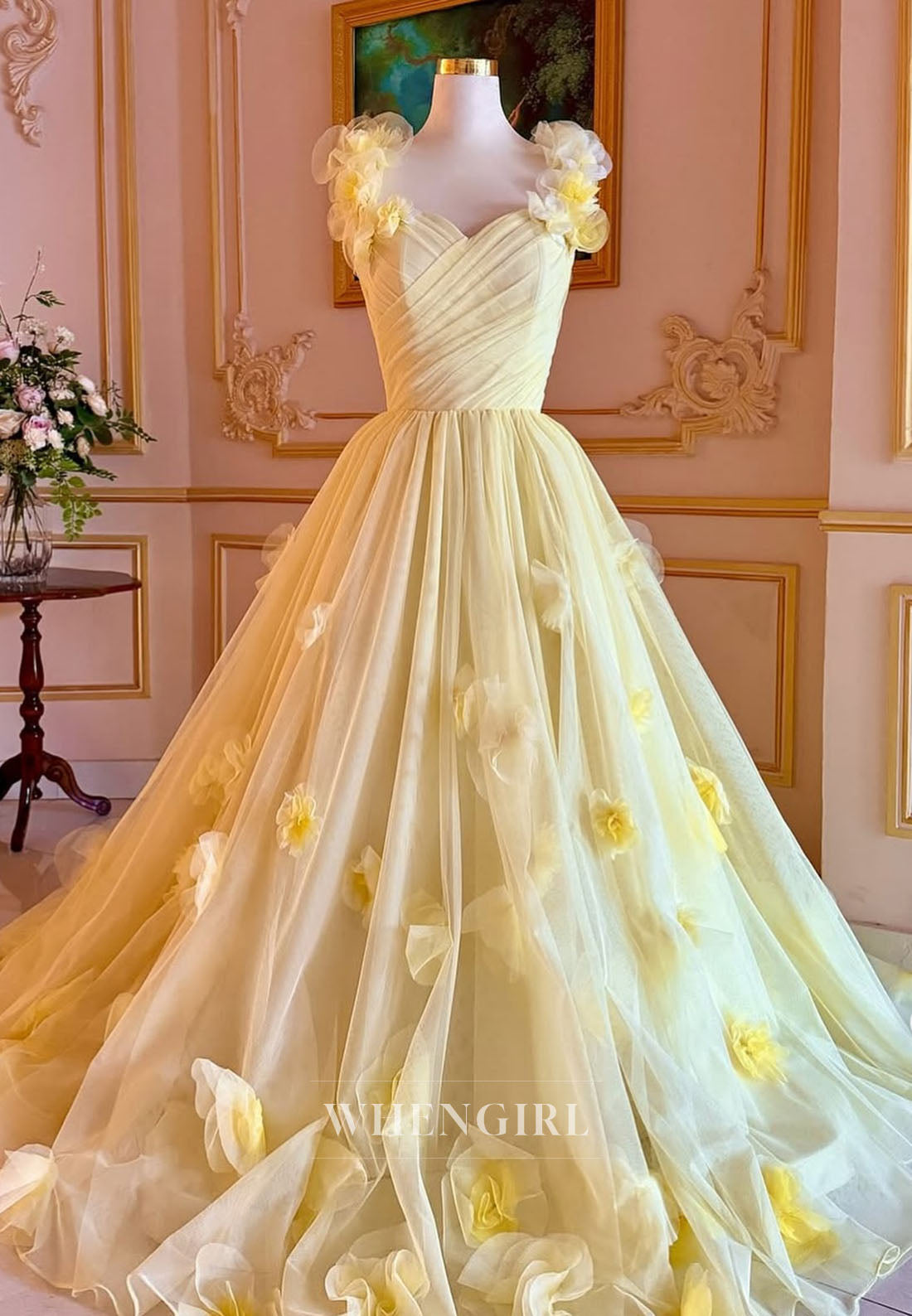 Yellow A-Line Sleeveless Formal Dress Pleated Floral Tulle Off Shoulder Evening Dress