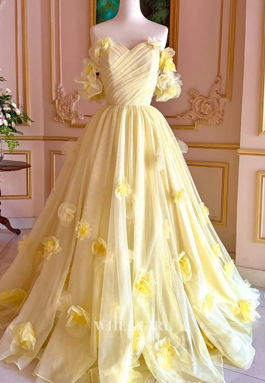 Yellow A-Line Sleeveless Formal Dress Pleated Floral Tulle Off Shoulder Evening Dress