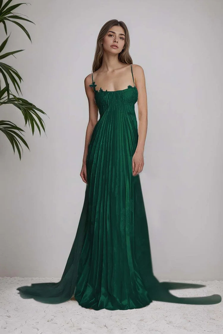 Stain Spaghetti Strap Sleeveless Long Prom Dress With Appliques