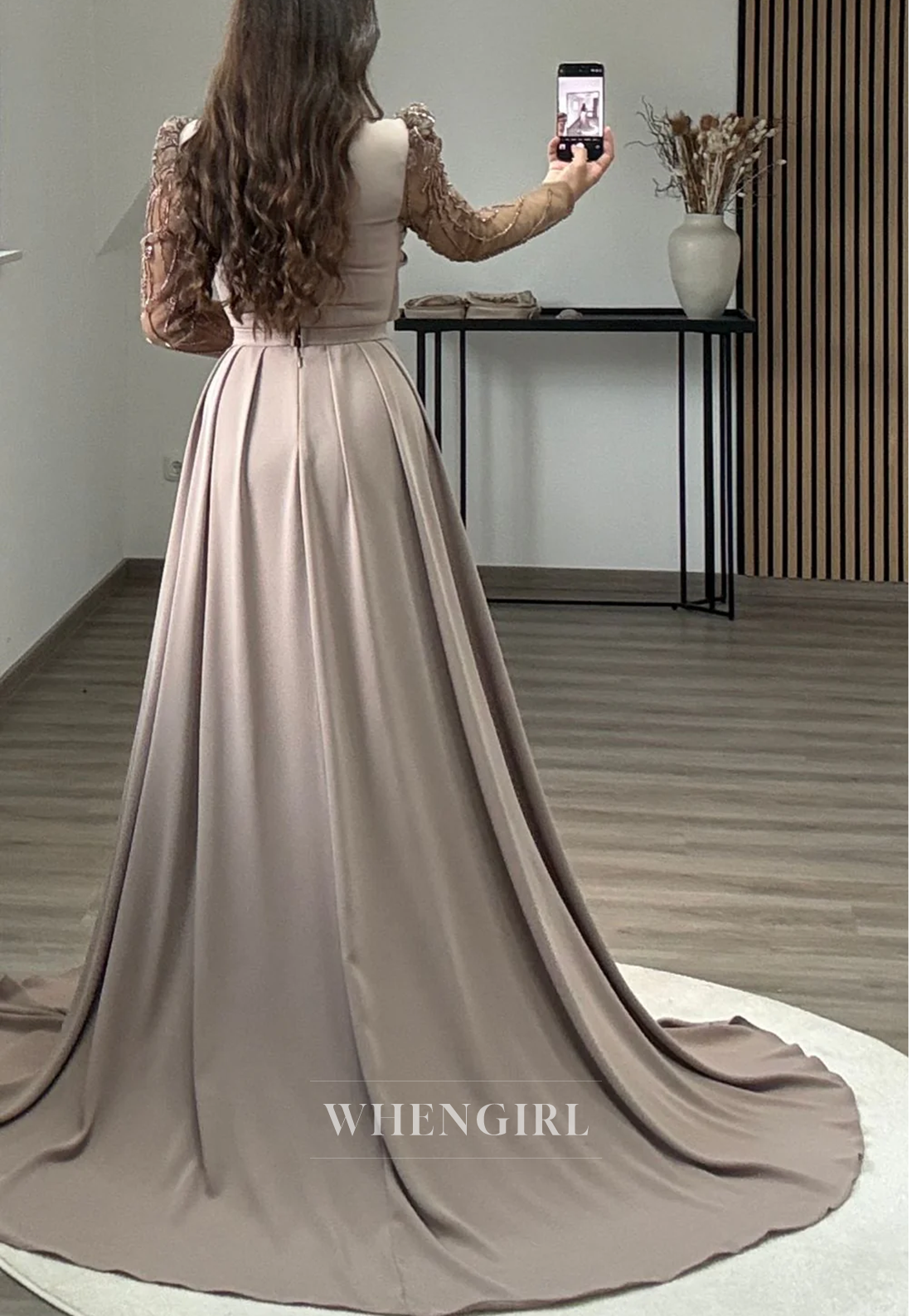 V Neck Pleated Long Sleeves Beaded Sheath Formal Evening Gown with Sweep Train