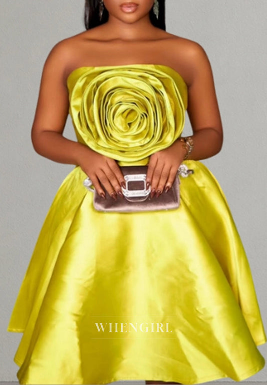 Bright Yellow Sleeveless Strapless A-Line Satin Homecoming Dress