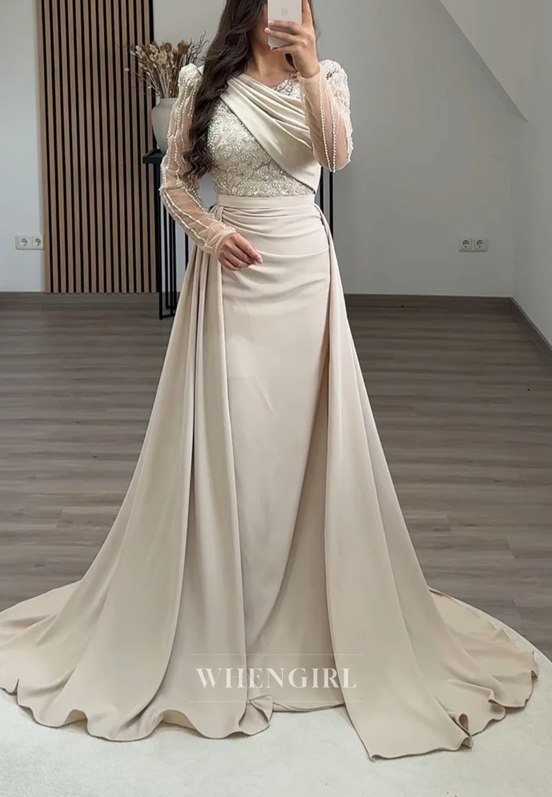 V Neck Pleated Long Sleeves Beaded Sheath Formal Evening Gown with Sweep Train