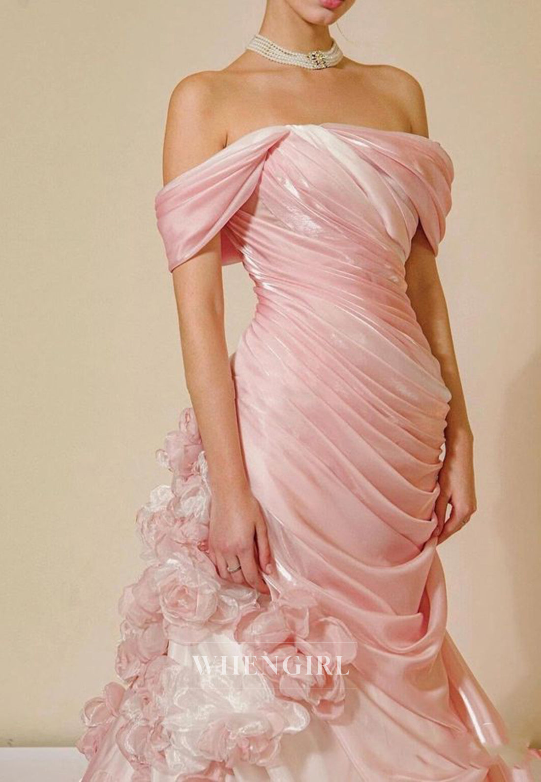 Pink Off Shoulder Ruched Floral Mermaid Sweep Train Lace Up Formal Evening Dress