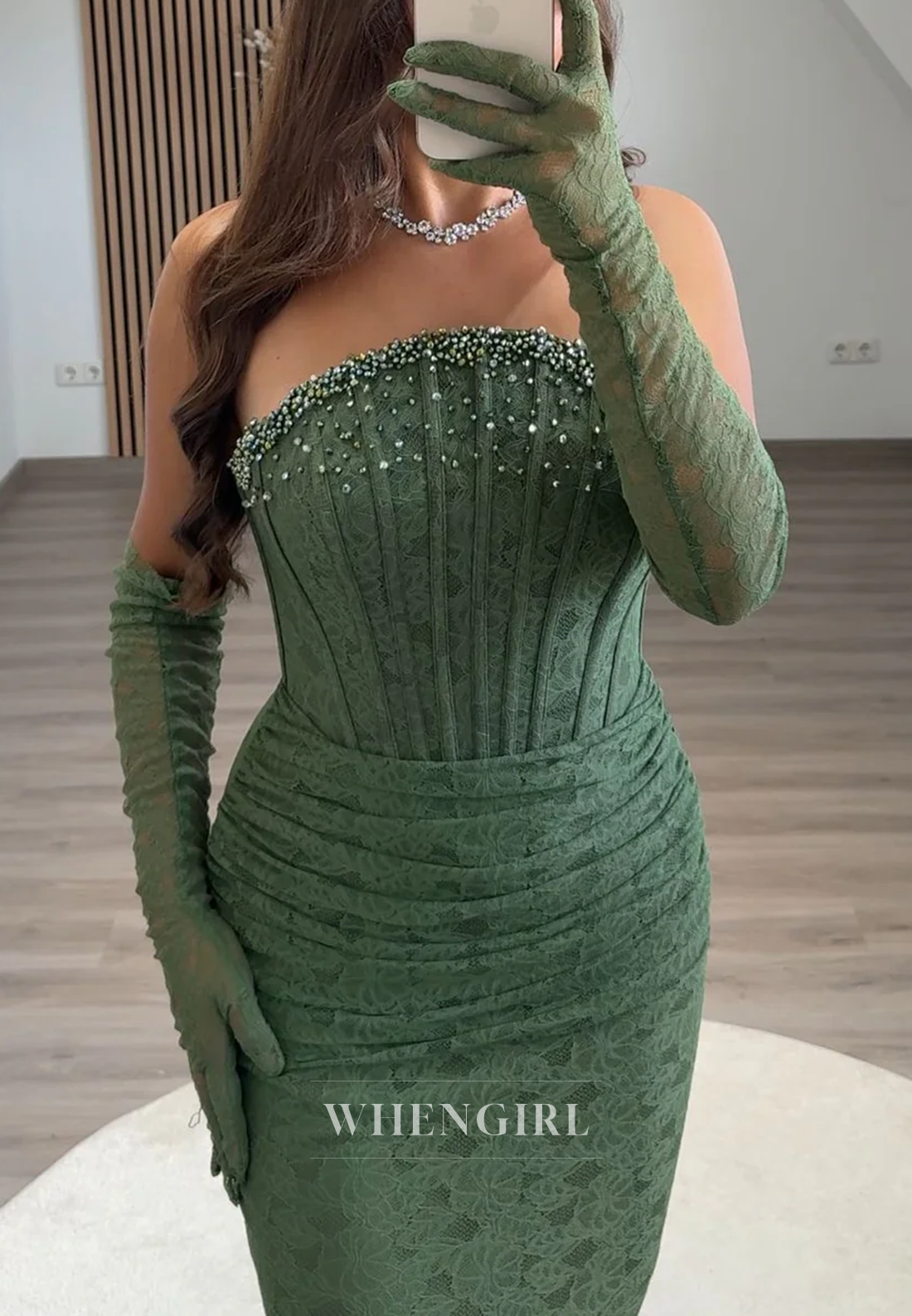 Strapless Beaded Pleated Sheath Long Lace Formal Evening Gown with Gloves
