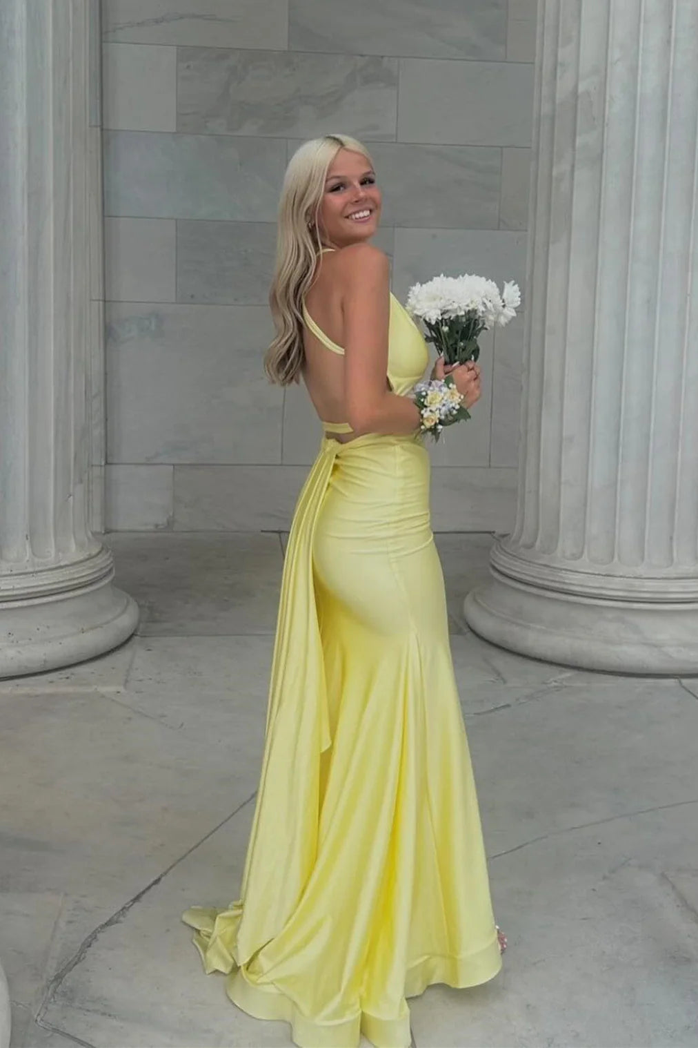 Mermaid V Neck Yellow Satin Prom Dress with Cross Back