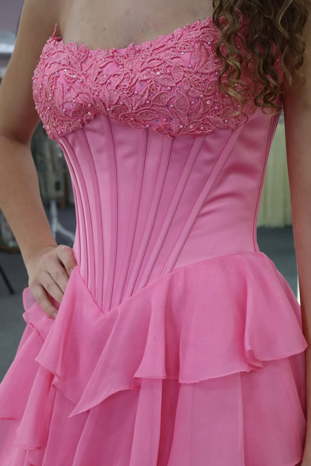 Cute A Line Scoop Neck Pink Chiffon Tiered Prom Dress with Slit