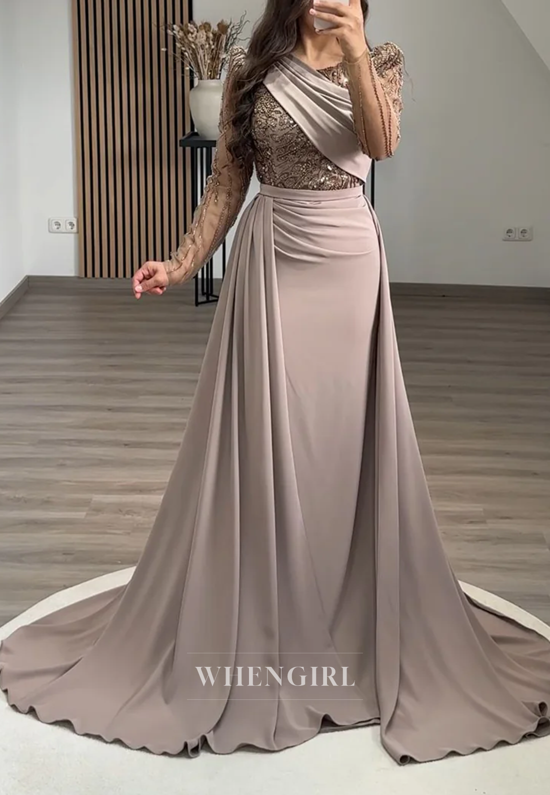 V Neck Pleated Long Sleeves Beaded Sheath Formal Evening Gown with Sweep Train