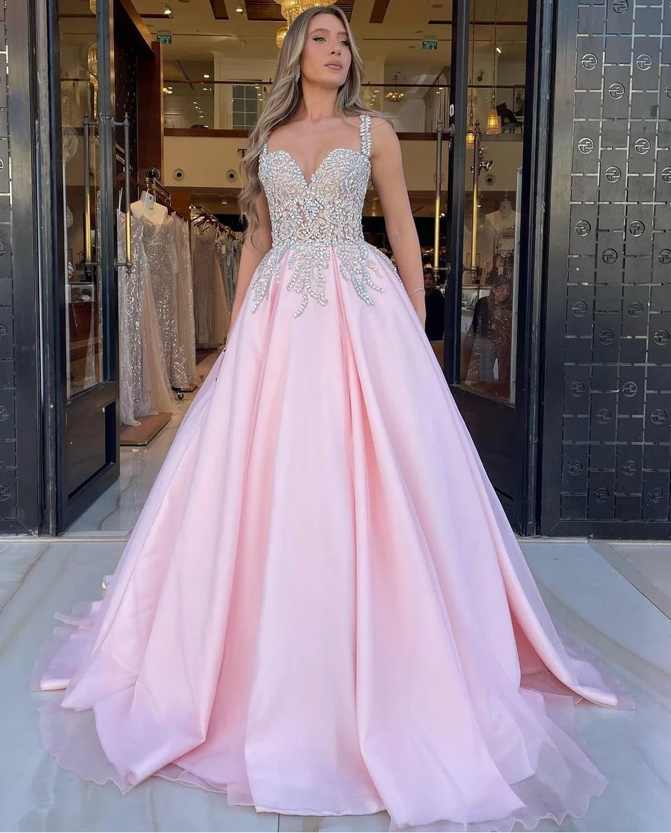 Pink Sequin Applique A Line Prom Dress Long with Beads