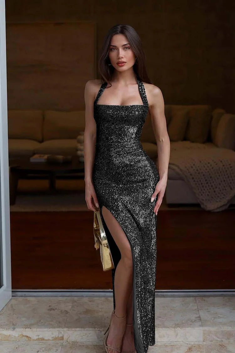 Halter Neck Strapless Sleeveless Long Mermaid Prom Dress With Sequins And High Split