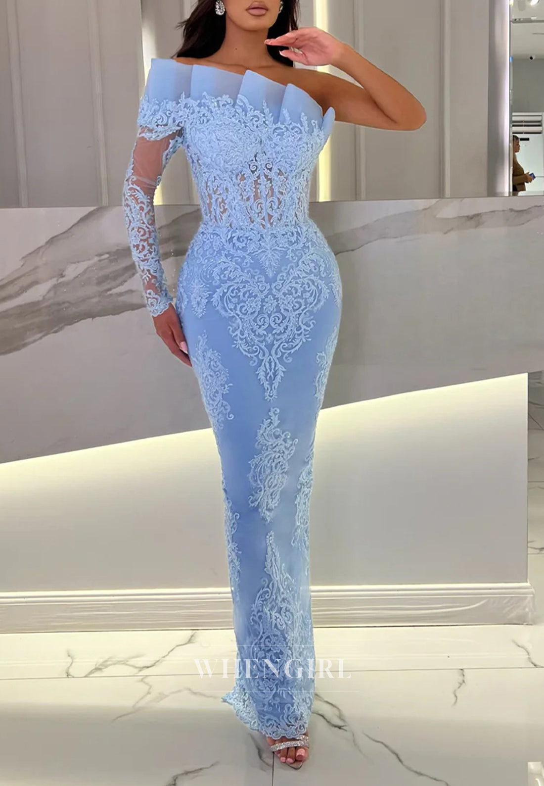 Sky Blue Asymmeitrical Neck Appliques Lace Sheath Formal Evening Gown with One Sleeve