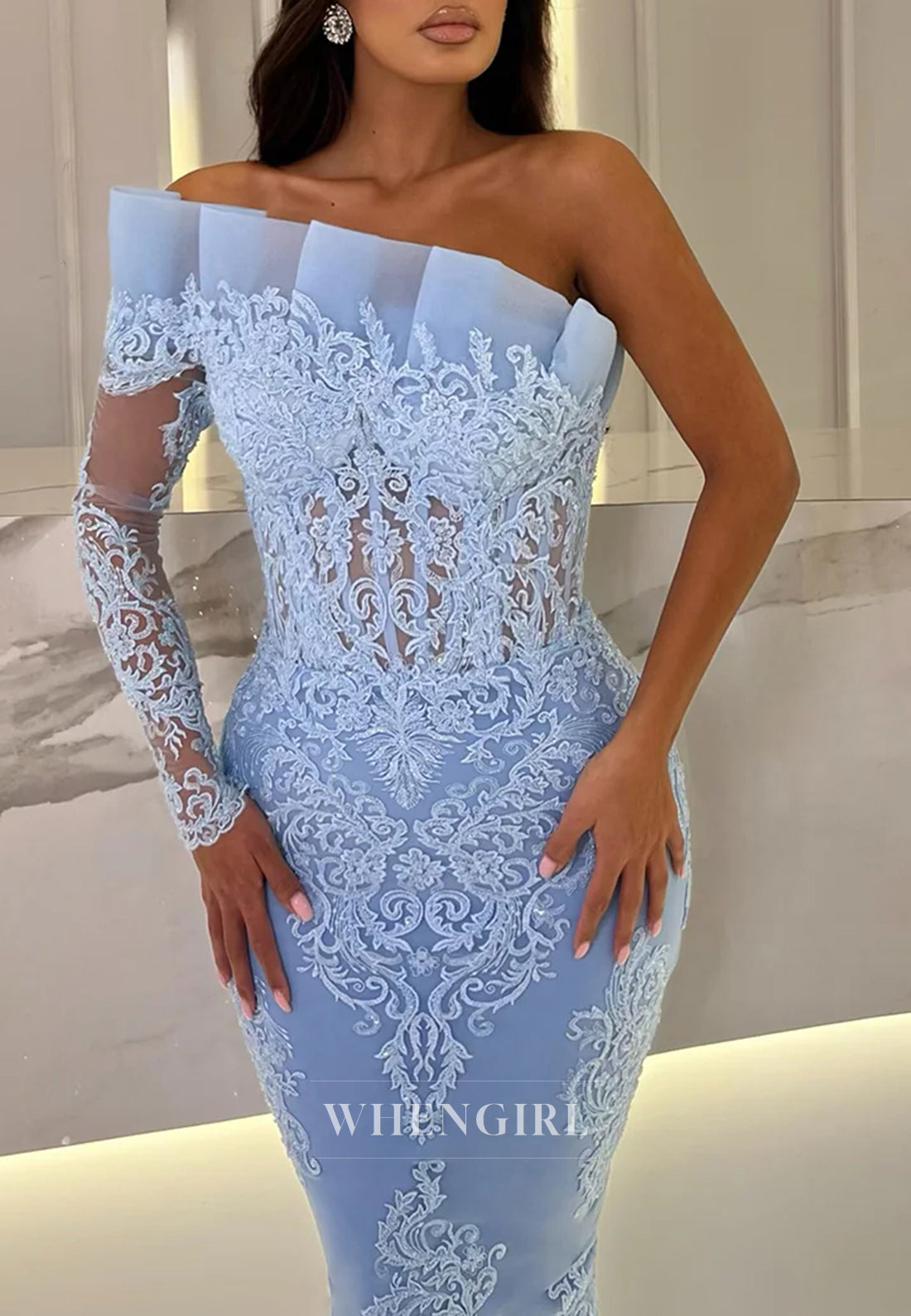 Sky Blue Asymmeitrical Neck Appliques Lace Sheath Formal Evening Gown with One Sleeve