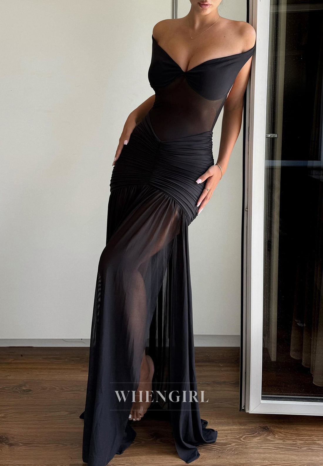 Black Sexy Sheath V neck Pleated Long Evening Formal Gown with Side Slit