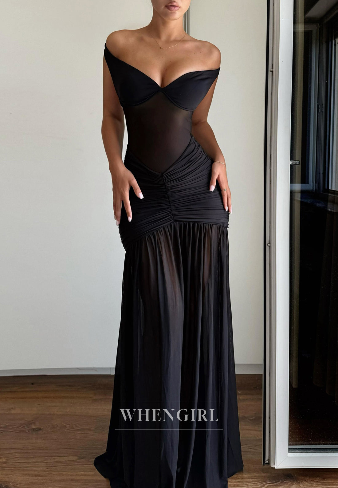 Black Sexy Sheath V neck Pleated Long Evening Formal Gown with Side Slit