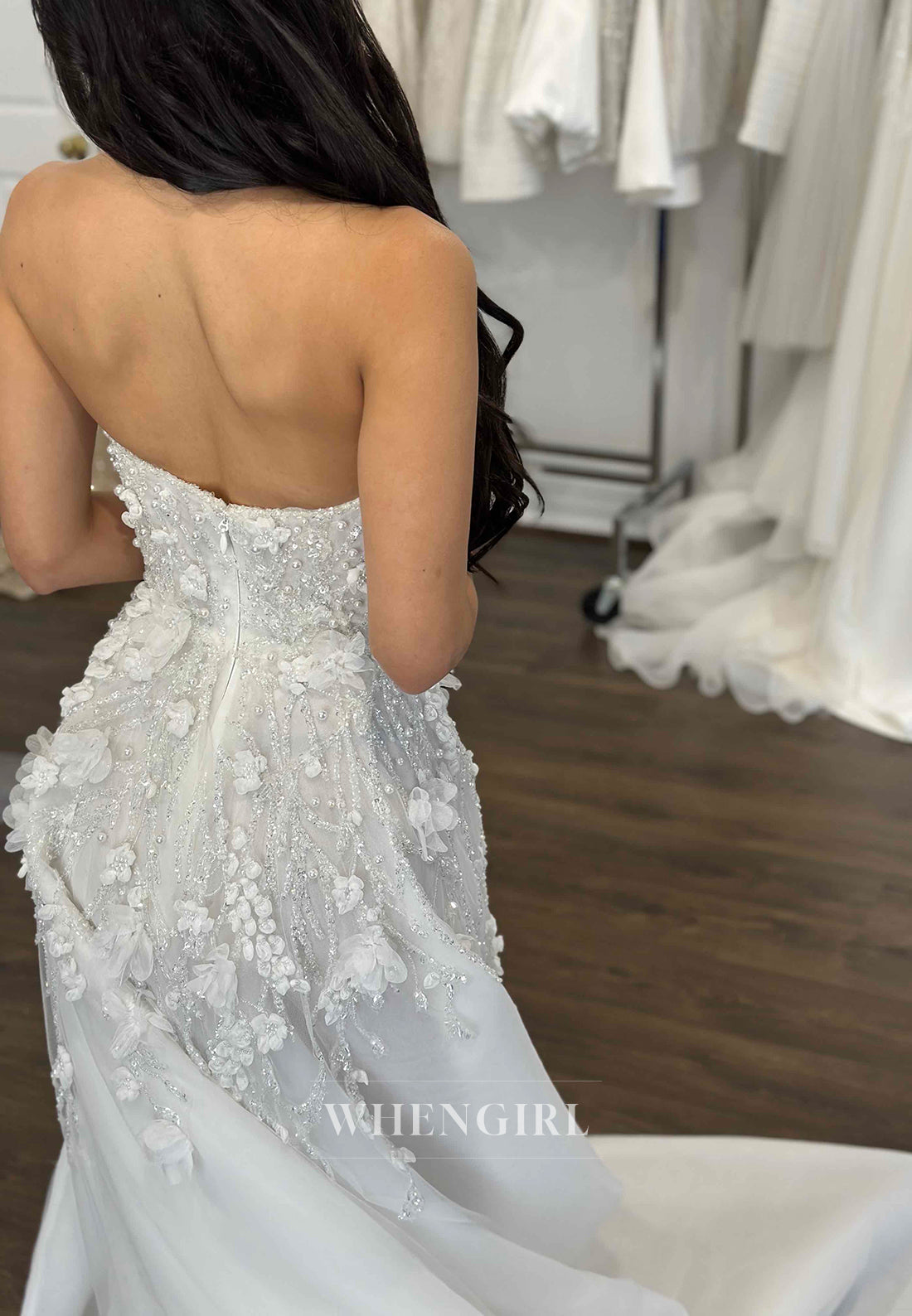 Strapless Pearls Beading Appliqued Sleeveless Side Slit Court Trian A-Line Wedding Dress