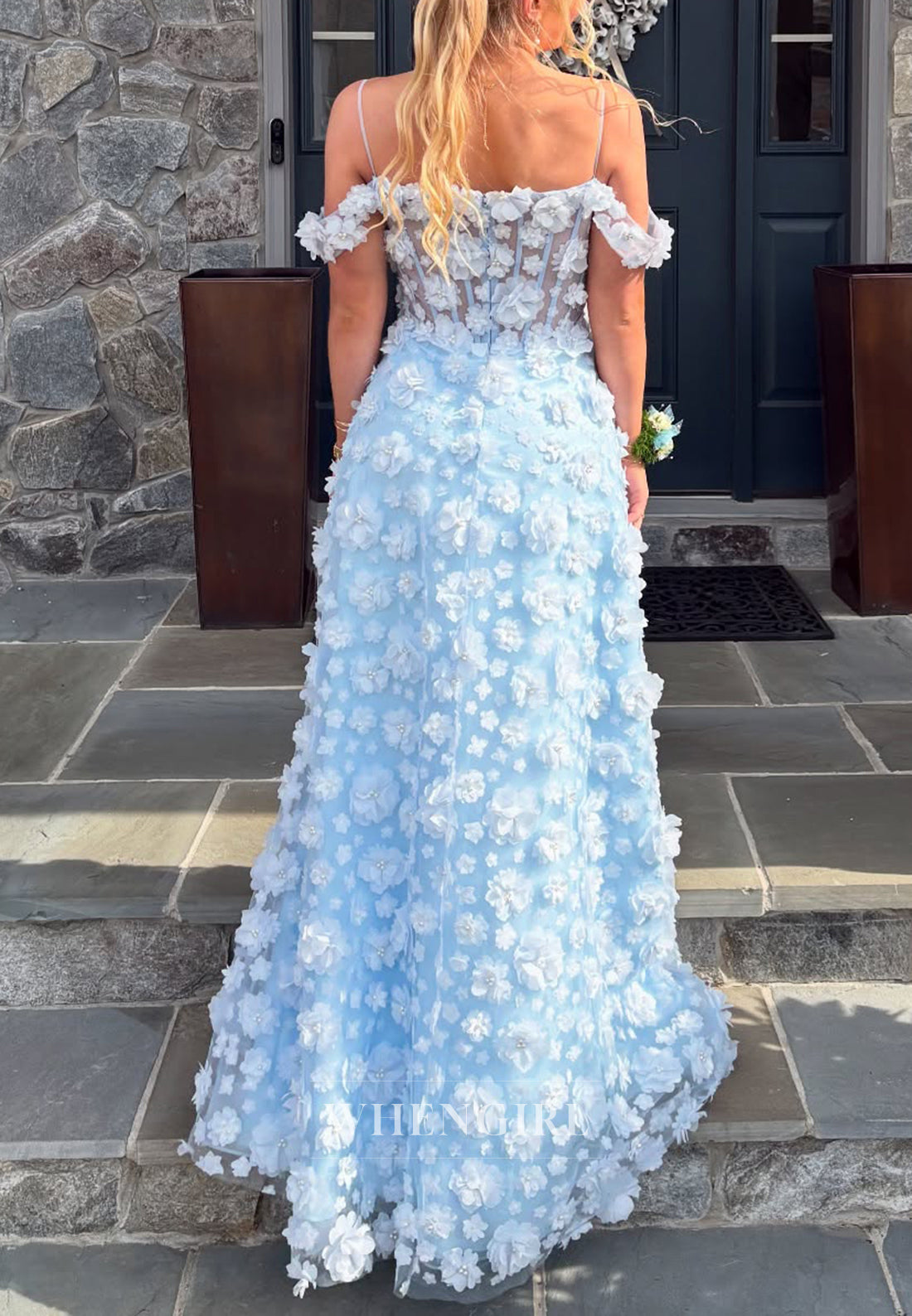 Sky Blue Sweetheart Sleeveless Floral Back Zipper A-Line Formal Evening Dress