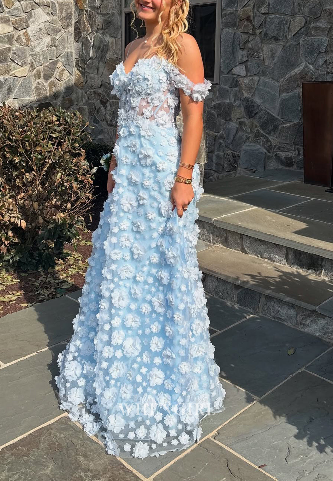 Sky Blue Sweetheart Sleeveless Floral Back Zipper A-Line Formal Evening Dress