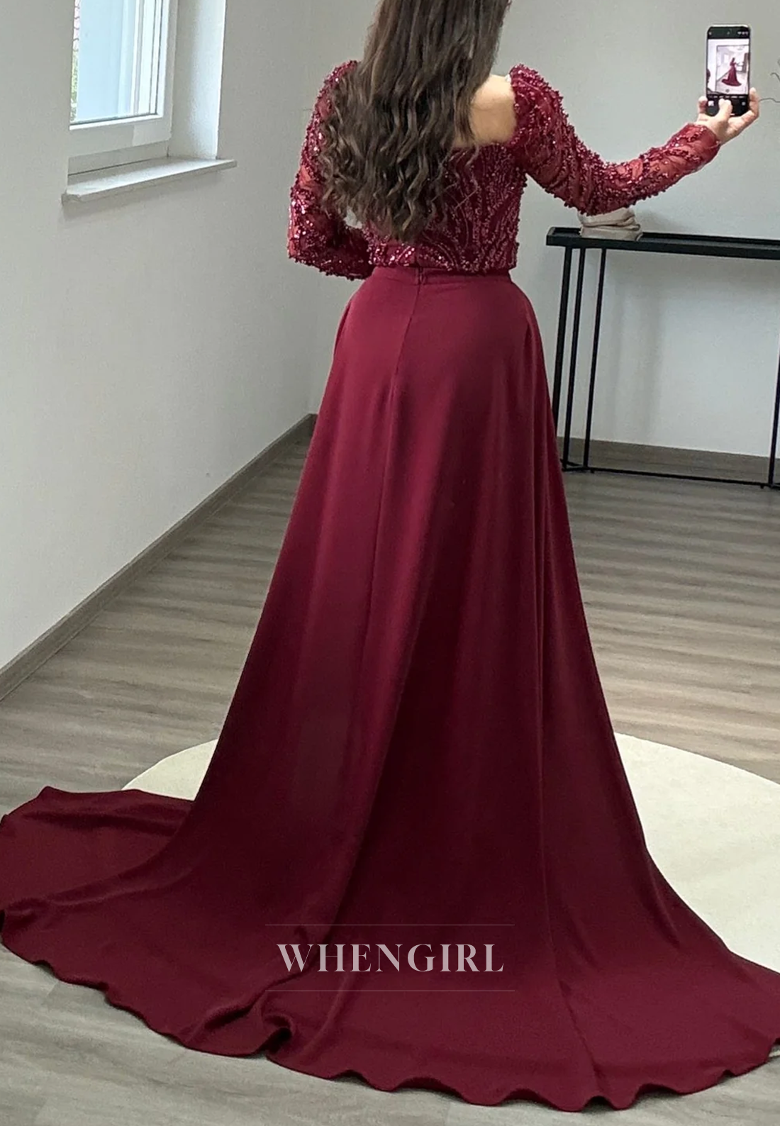 Burgundy Square Neck Long Sleeves Beaded Pleats Column Formal Party Dress with Removable Train