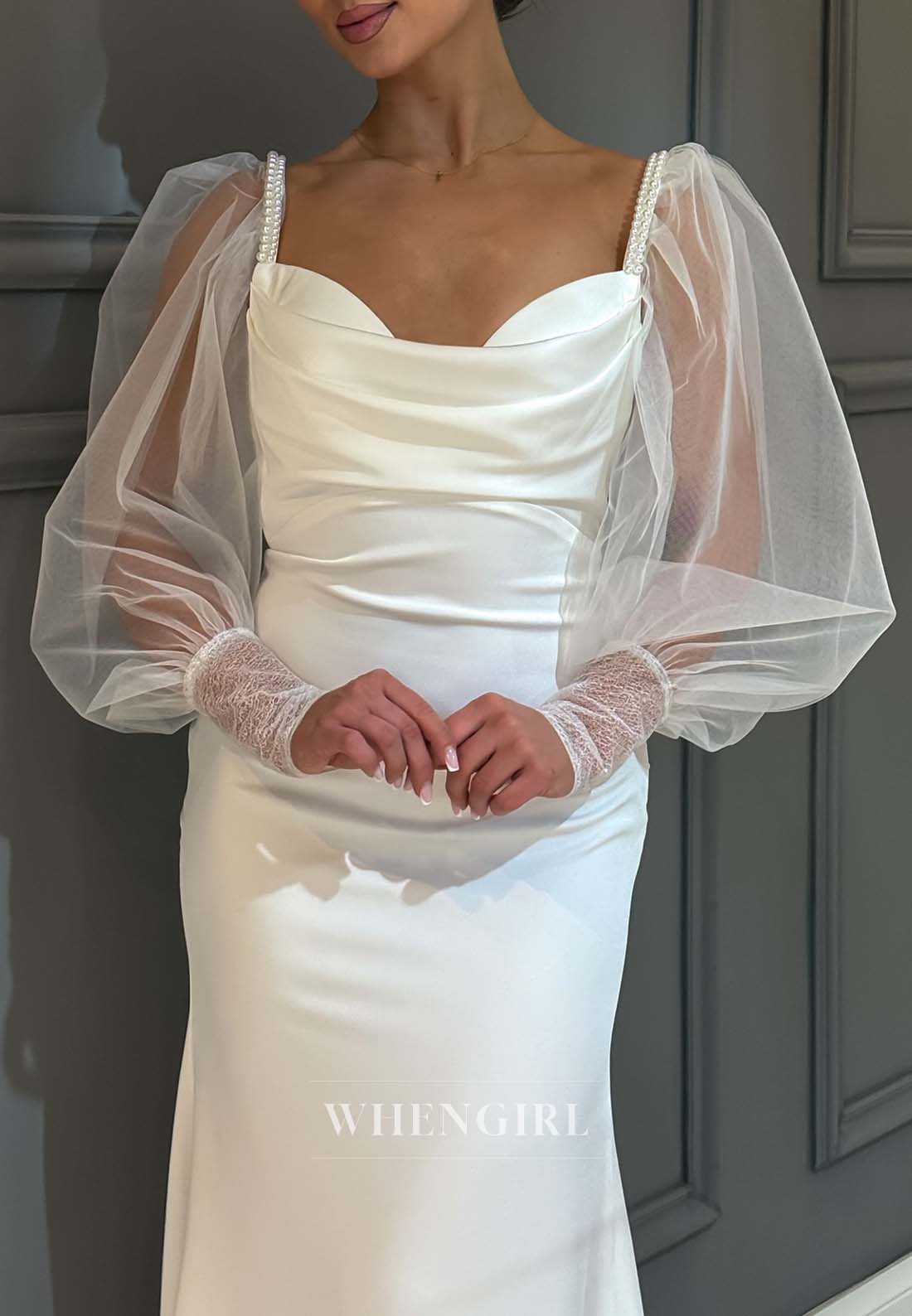 Simple Asymmetrical Neck Long Sleeves Sheath Sweep Train Wedding Dress