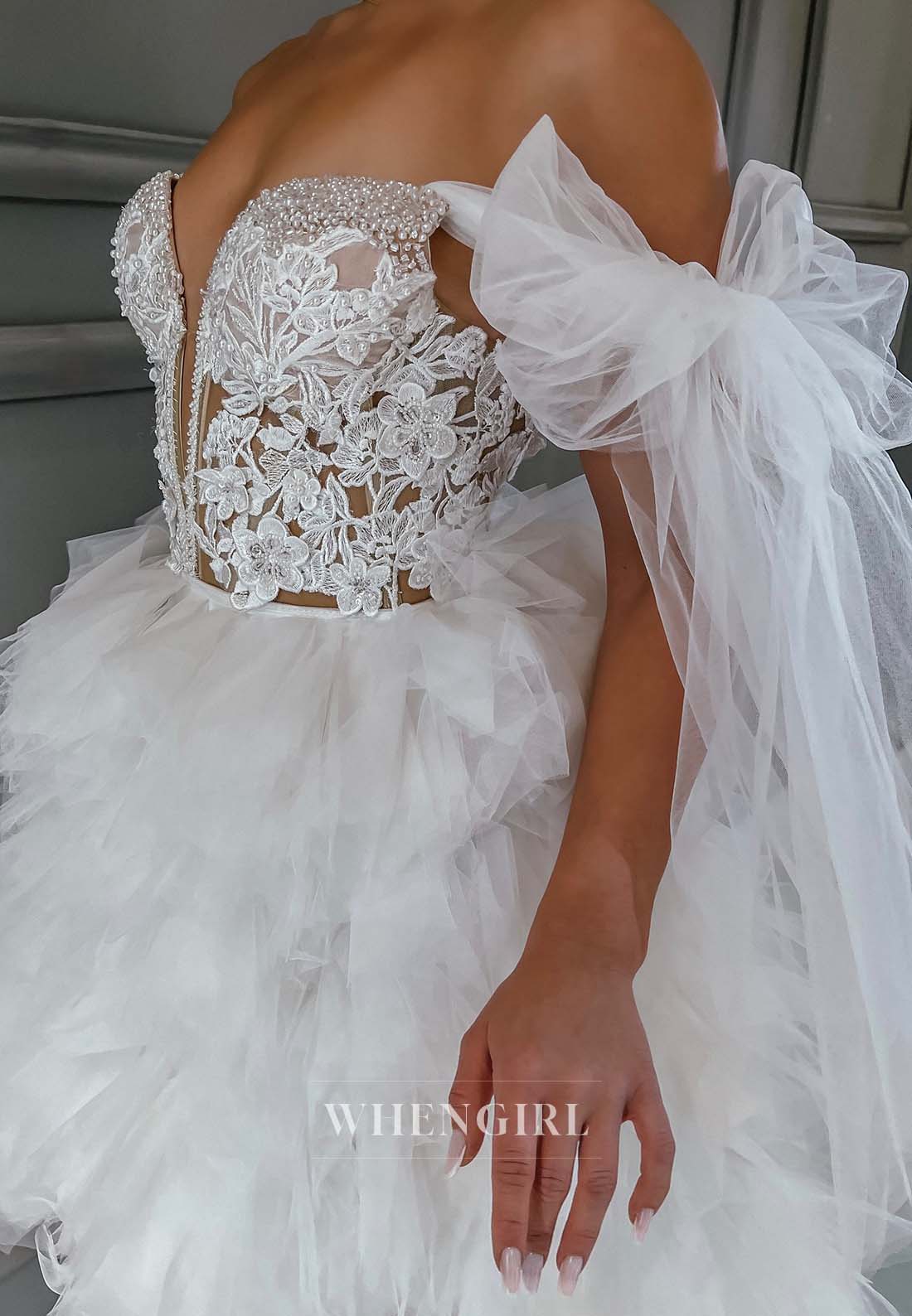 A-Line Off Shoulder V neck Appliqued Multi Tired Sleeveless Short Wedding Dress