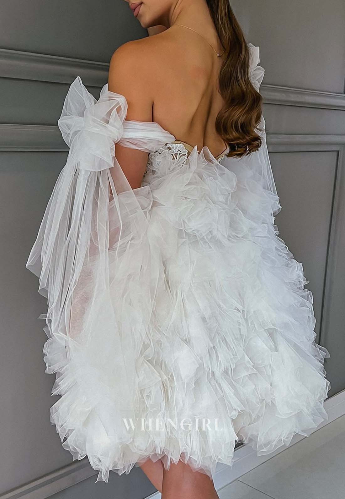 A-Line Off Shoulder V neck Appliqued Multi Tired Sleeveless Short Wedding Dress