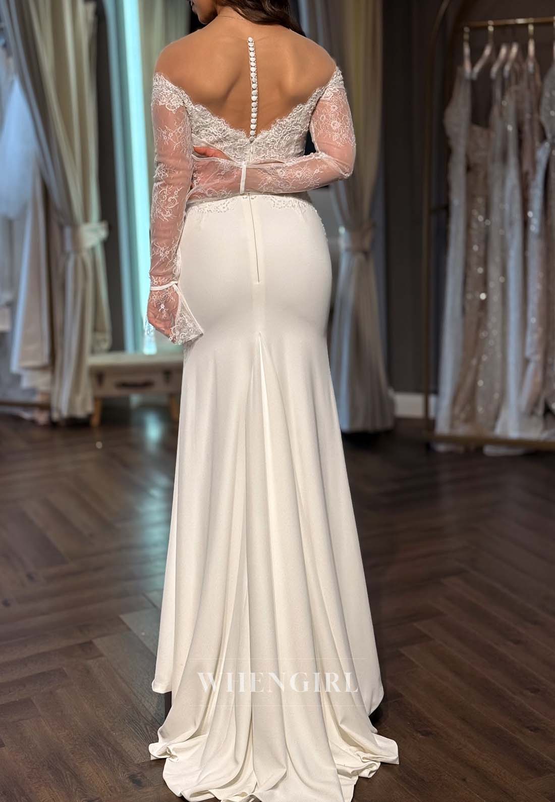 Off Shoulder Appliqued V Neck Slit Bell Sleeves Sheath Floor Length Beach Wedding Dress