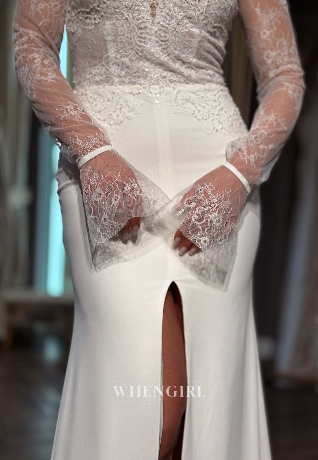 Off Shoulder Appliqued V Neck Slit Bell Sleeves Sheath Floor Length Beach Wedding Dress