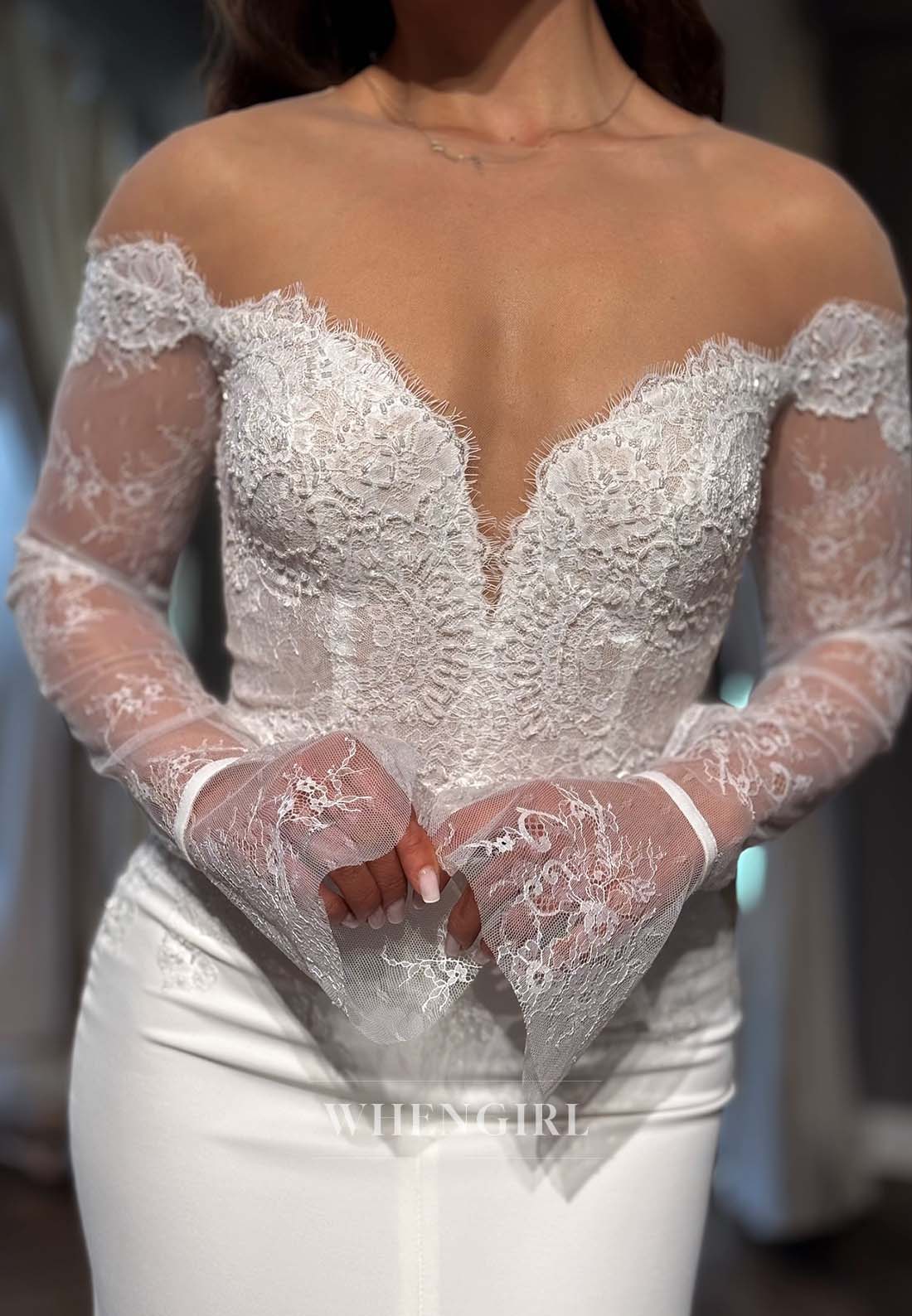 Off Shoulder Appliqued V Neck Slit Bell Sleeves Sheath Floor Length Beach Wedding Dress
