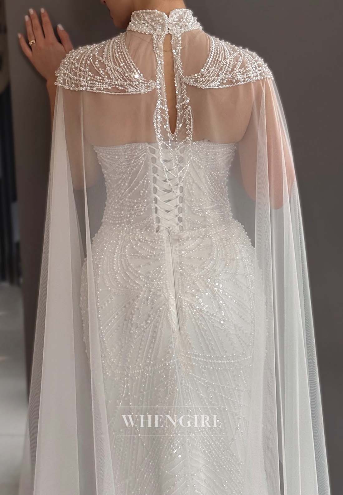High Neck Pearls Beaded Sleeveless Lace Up Floor Length Sheath Wedding Dress