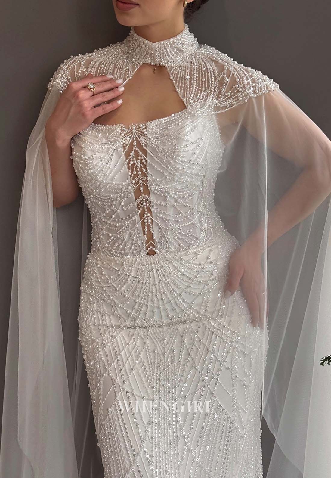 High Neck Pearls Beaded Sleeveless Lace Up Floor Length Sheath Wedding Dress