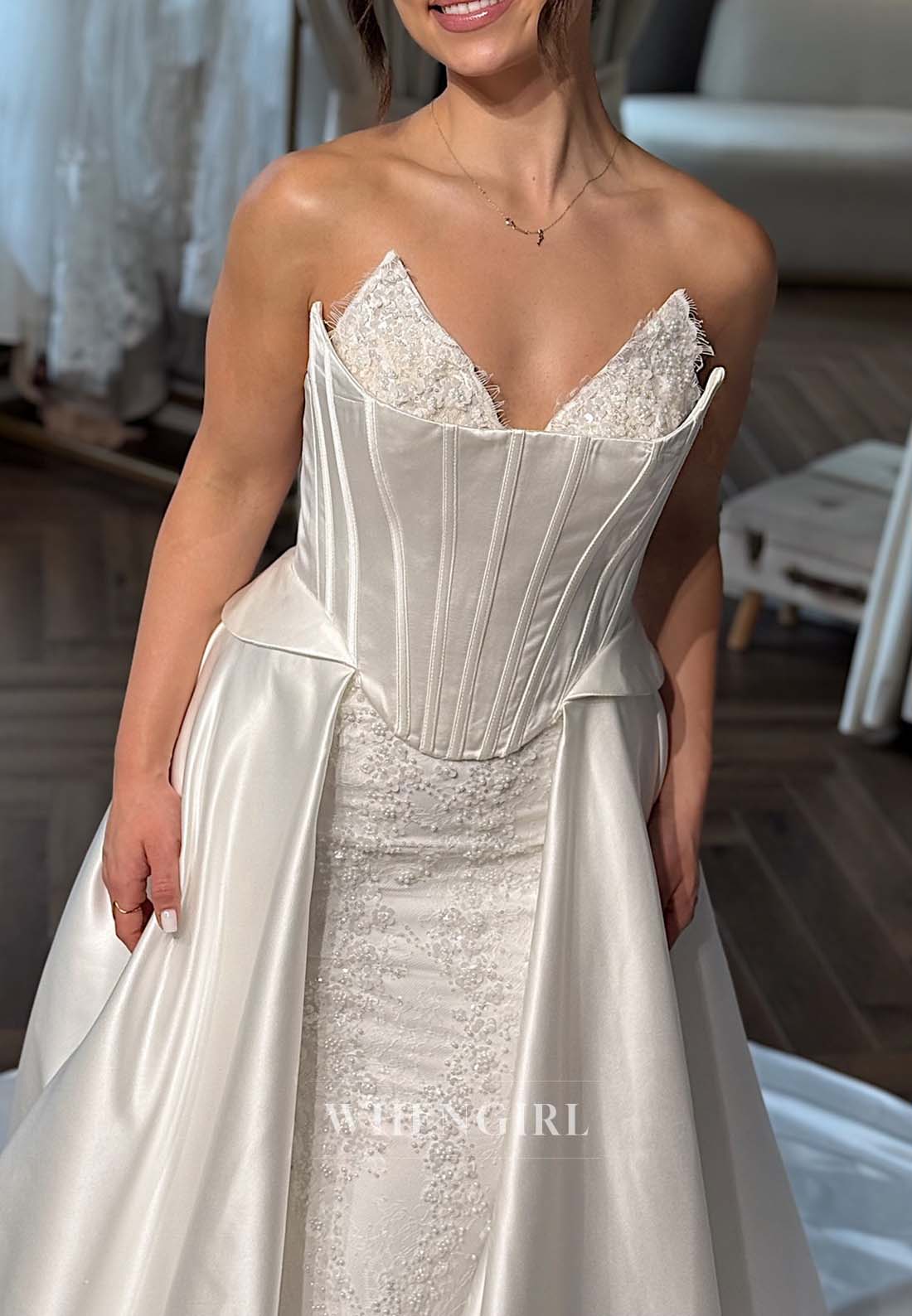 V Neck Sleeveless Beaded Sheath Chapel Train Lace Up Wedding Dress