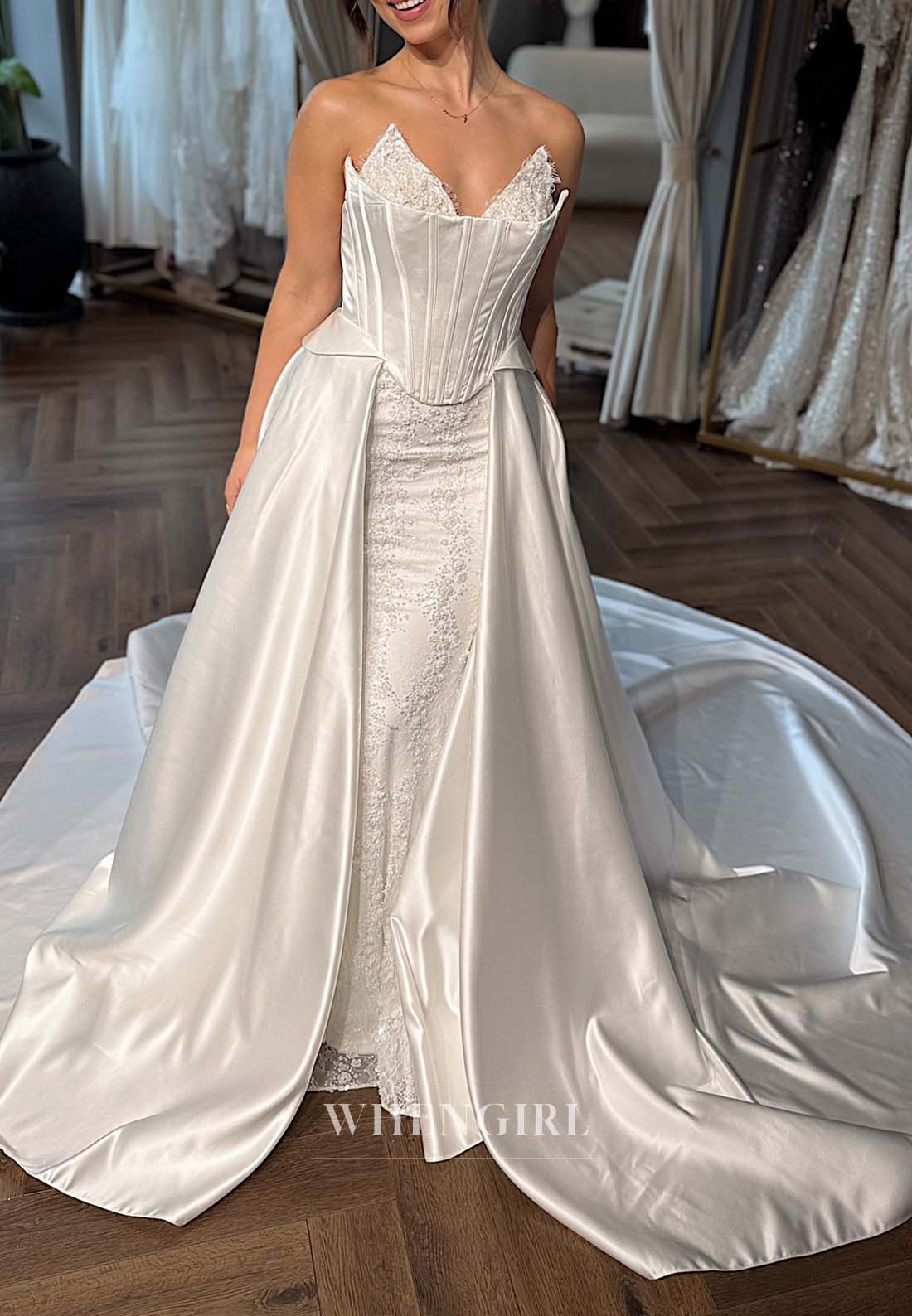 V Neck Sleeveless Beaded Sheath Chapel Train Lace Up Wedding Dress