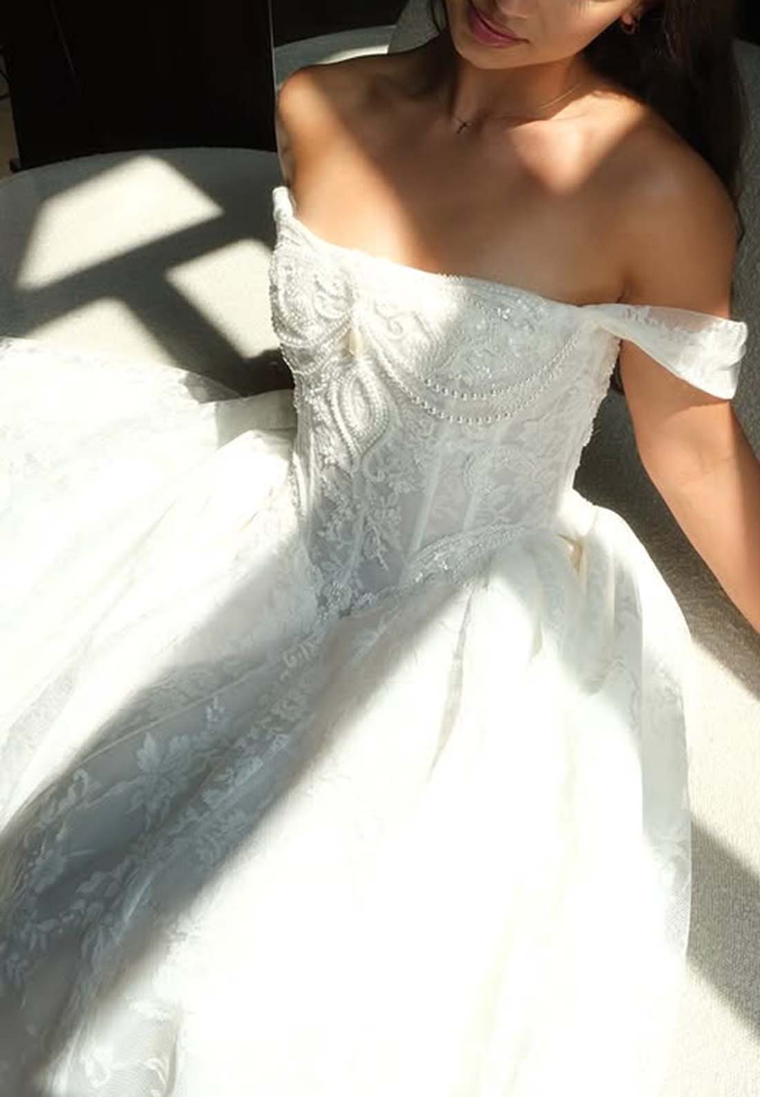 Off Shoulder Appliqued Lace Beaded Sleeveless Court Train Ball Gown Wedding Dress