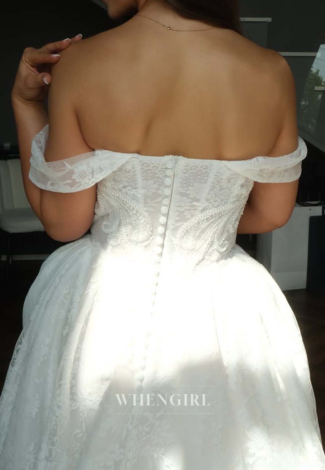 Off Shoulder Appliqued Lace Beaded Sleeveless Court Train Ball Gown Wedding Dress