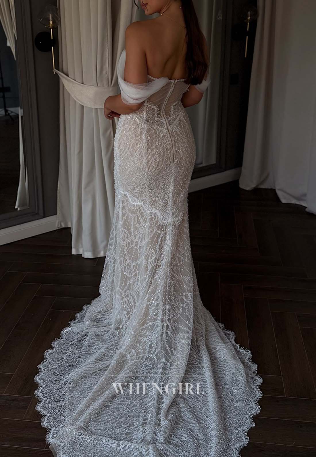 Sheath Off Shoulder Pearls Beaded Back Zipper Sweep Train Sleeveless Wedding Dress