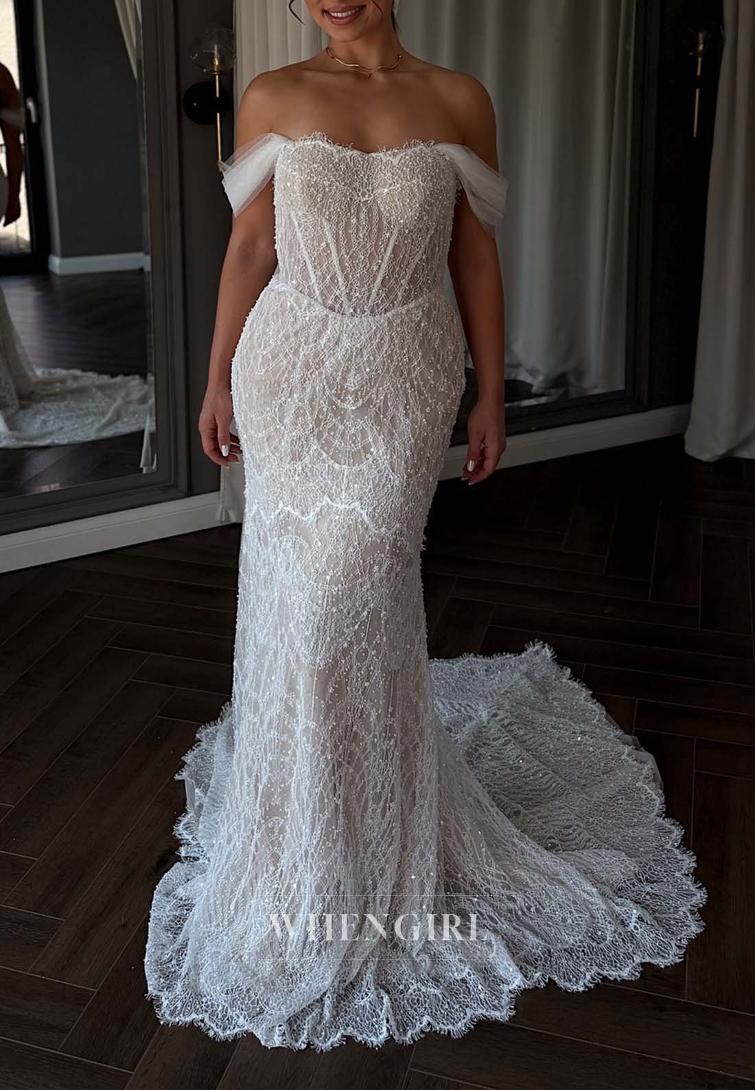 Sheath Off Shoulder Pearls Beaded Back Zipper Sweep Train Sleeveless Wedding Dress
