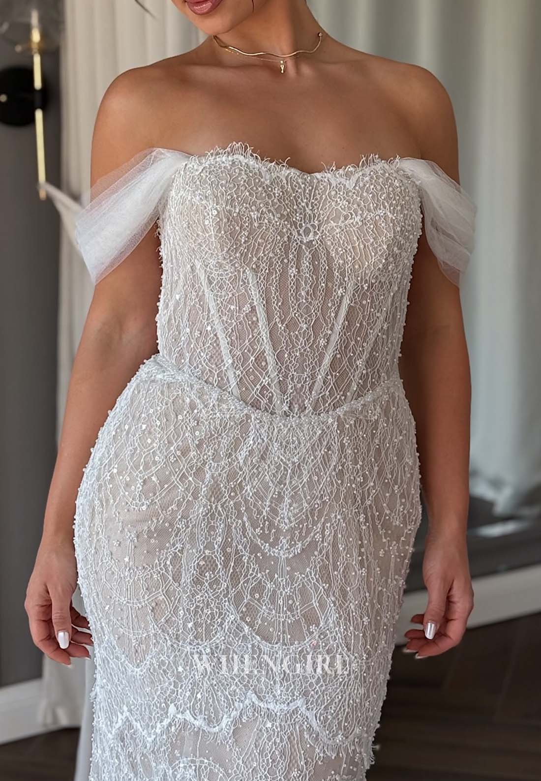 Sheath Off Shoulder Pearls Beaded Back Zipper Sweep Train Sleeveless Wedding Dress