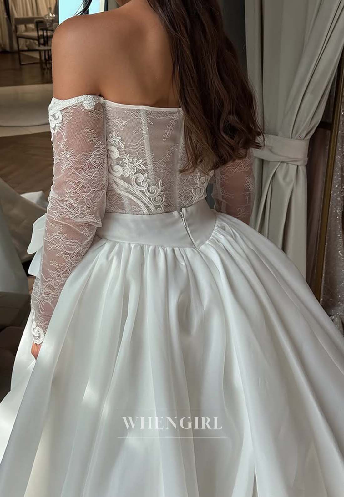 Off Shoulder Long Sleeves Appliqued Lace Sheath Wedding Dress with Detachable Skirt