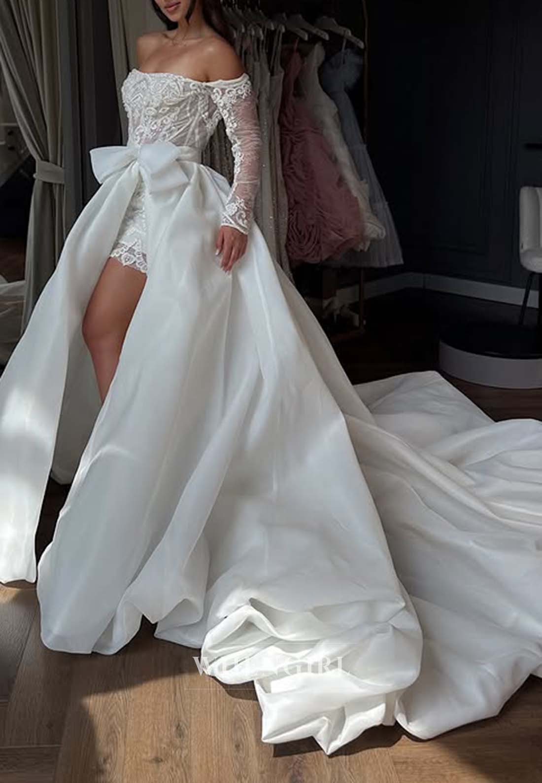 Off Shoulder Long Sleeves Appliqued Lace Sheath Wedding Dress with Detachable Skirt