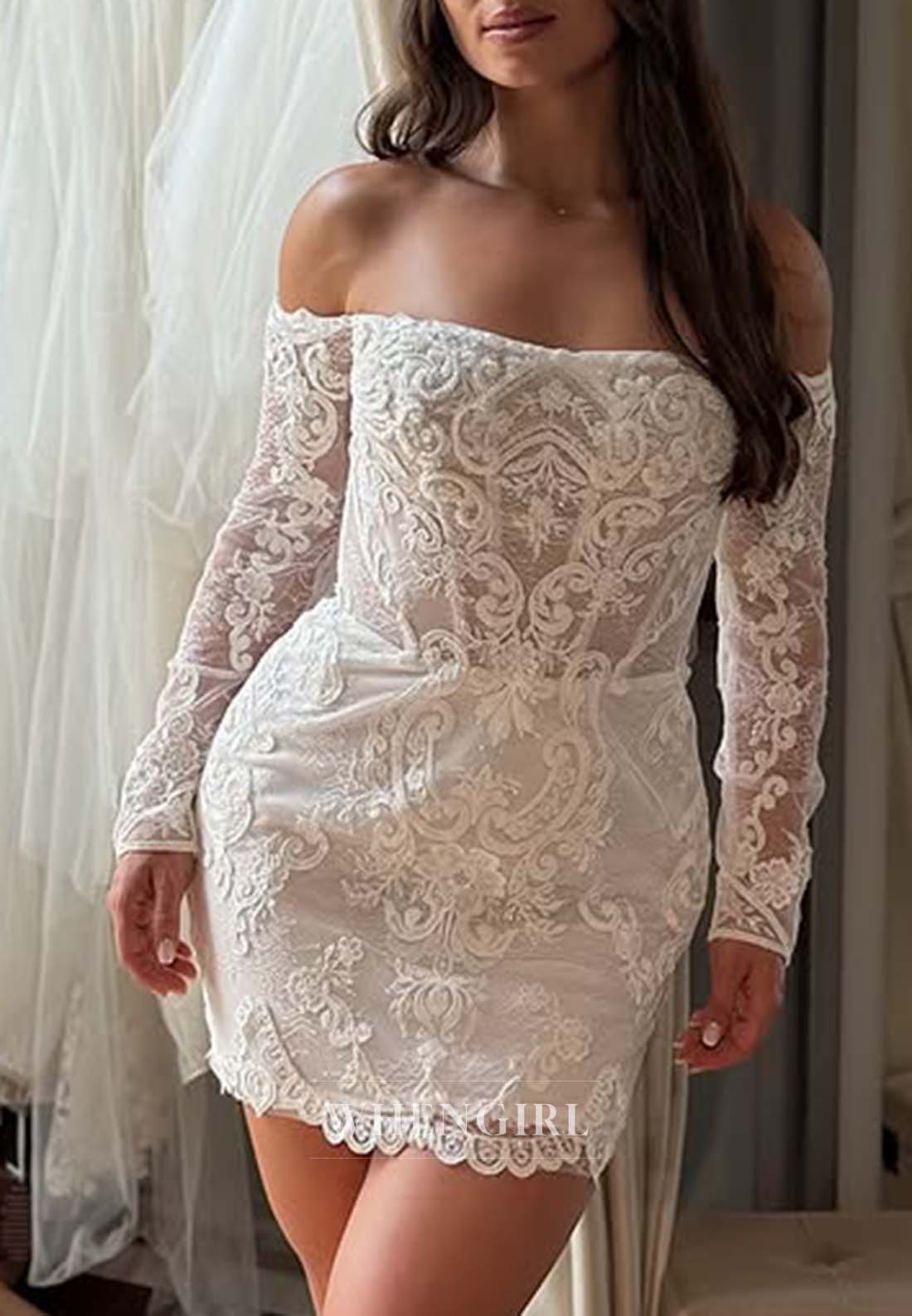 Off Shoulder Long Sleeves Appliqued Lace Sheath Wedding Dress with Detachable Skirt