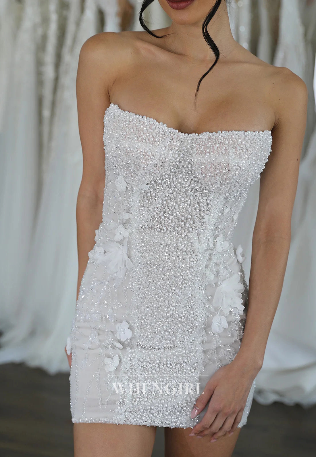 Strapless Pearls Beading Floral Back Zipper Sheath Short Wedding Dress with Removable Sleeves and Train