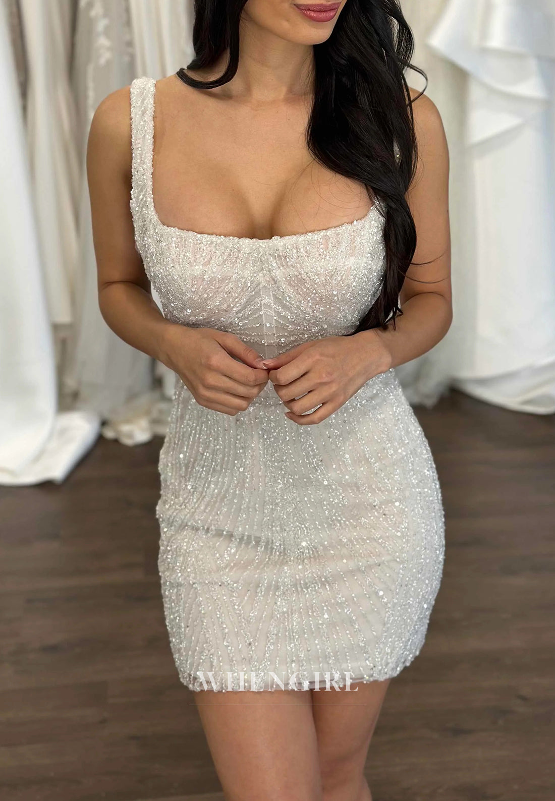 Square Neck Sleeveless Sheath Beaded Back Zipper Short Wedding Dress