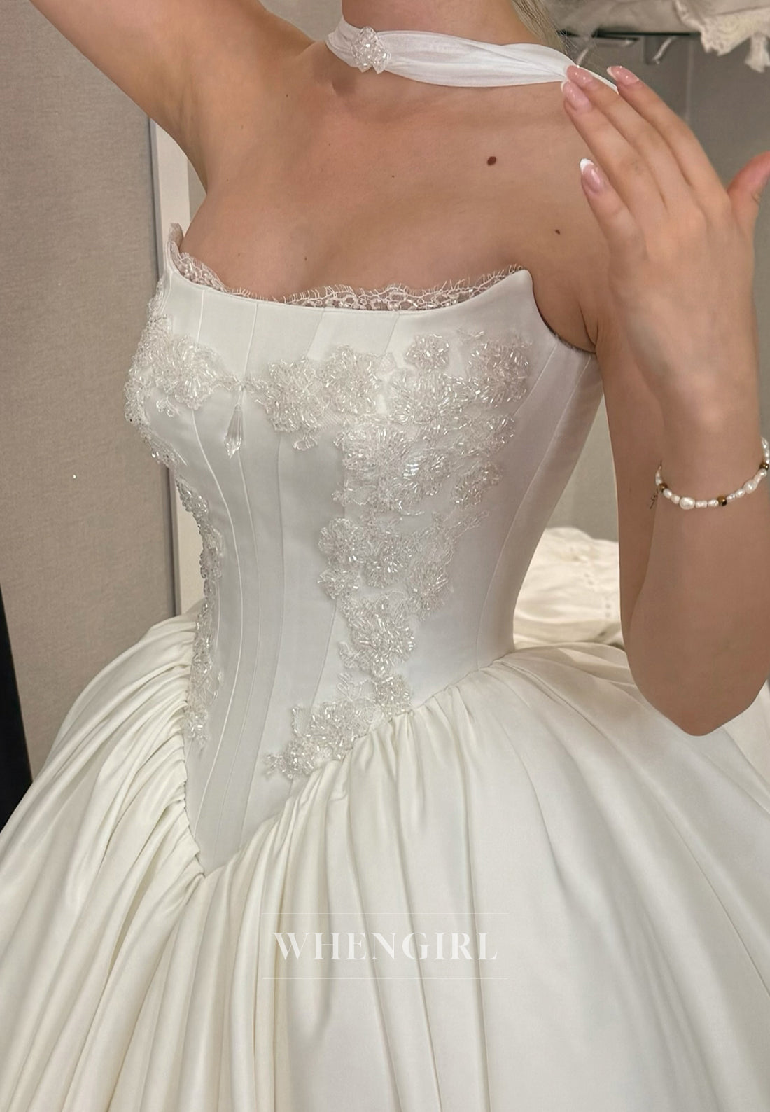 Strapless Beaded Sleeveless Ball Gown Satin Wedding Dress with Chapel Train Scarf